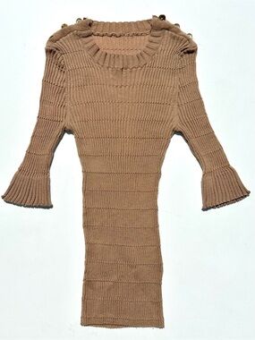 CHANEL Ribbed Wool Bell-Sleeve Sweater Top Logo Shoulder Buttons Tan Camel 36, 4